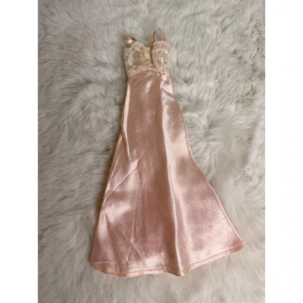 Vintage 1960s Doll Clothes Pink Satin Nightgown Floral Pajama Set Barbie Size